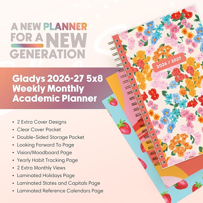 Blue Sky Gen Z 2026-2027 Weekly and Monthly Academic Year Planner Calendar, July 2026 - June 2027, 5" x 8", Flexible Interchangeable Cover, Wirebound, Laminated Tabs, Storage Pocket, Gladys