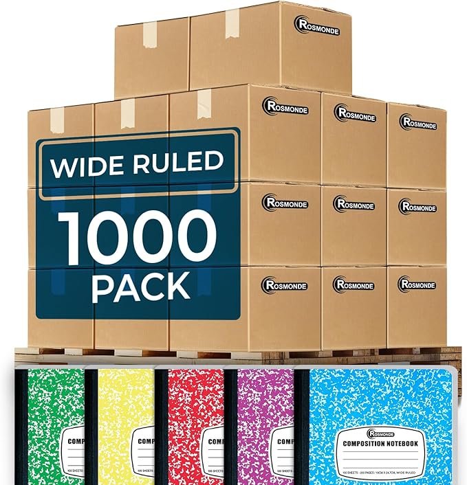 Rosmonde 1000 Pack (Pallet) Composition Notebooks Bulk, Wide Ruled, Pallet of Composition Notebooks, 100 Sheets (200 Pages), 9-3/4 x 7-1/2, Bulk Notebooks for School & Office, 4-7 Days Transit