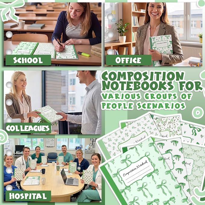 Fullhawl 6 Pack Composition Notebook College Ruled Bulk Green Bow Composition Notebook Preppy Aesthetic for Back to School Supplies 110 Pages 9-3/4 x 7-1/2" Cute Journal for First Day of School Office