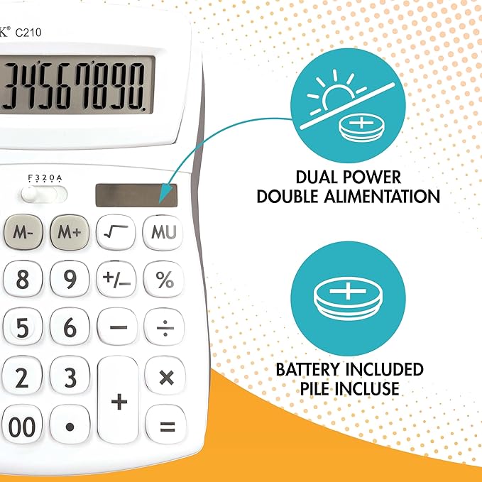 Lexibook - 10 Digit Desktop Calculator with Folding Display - Basic and Memory Function - Large Keys and Screen for Office, School, Home - Solar & Batteries - White/Gray - C210