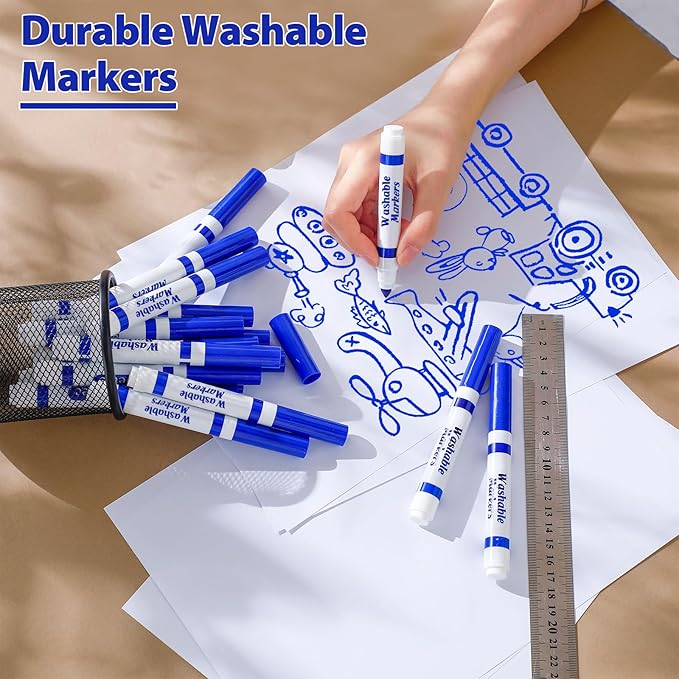 36 Pcs Blue Washable Markers Bulk Coloring Broad Line Markers for Kids Blue Conical Tip Drawing Pen for Christmas,School Supplies, Travel Art Baby Shower Gender Reveal Party Supplies, Ages 6+