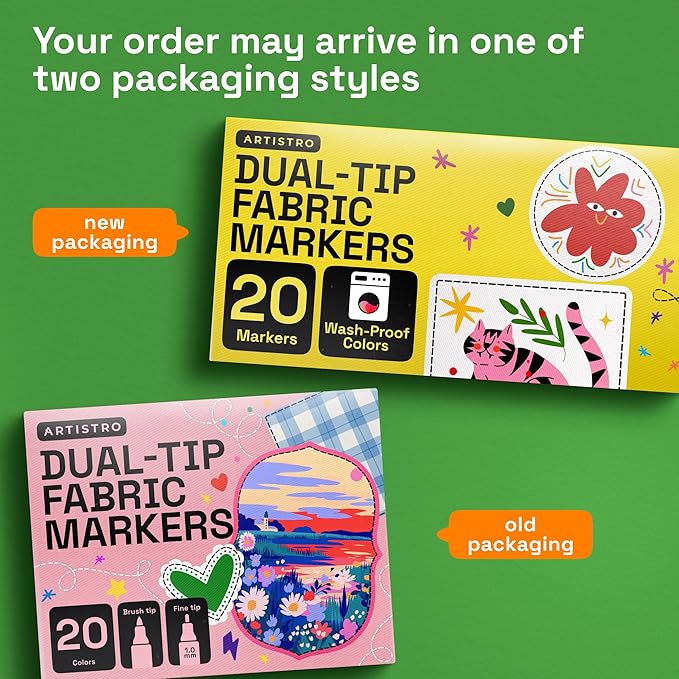 ARTISTRO 20 Dual-Tip Fabric Markers - Fabric Decorating Kit - Permanent for Clothes - No Bleed Pens for T-Shirts, Bags, Textile, Canvas, and More (Brush Tip and Fine Tip)