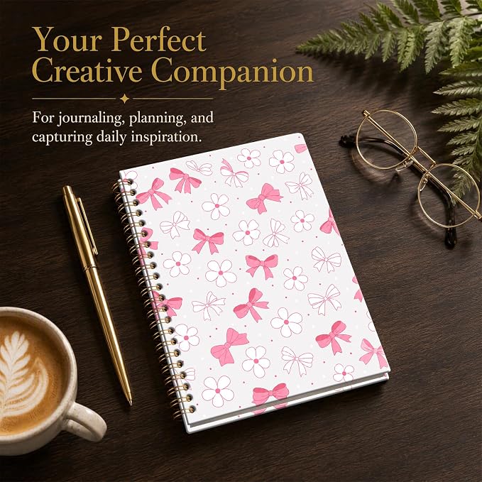 ATJFKIXL Cute Spiral Journal Notebook, A5 120 Page College Ruled Wirebound Notebook, Soft Cover for Students Office Notes and Planning - Pink Bow Daisy