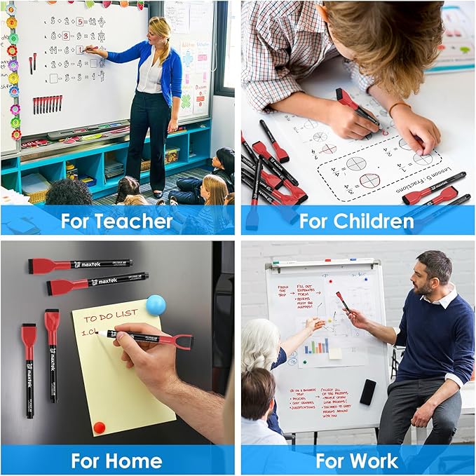 maxtek Dry Erase Markers - 6 Count Red Magnetic Dry Erase Markers Fine Tip with Eraser, Low Odor Whiteboard Markers for Calendar Boards