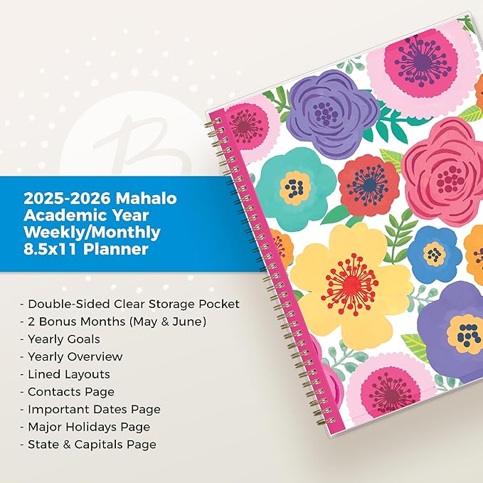 Blue Sky 2025-2026 Weekly and Monthly Academic Year Planner Calendar, July 2025 - June 2026, 8.5" x 11", Flexible Cover, Wirebound, Storage Pocket, Laminated Tabs, Mahalo
