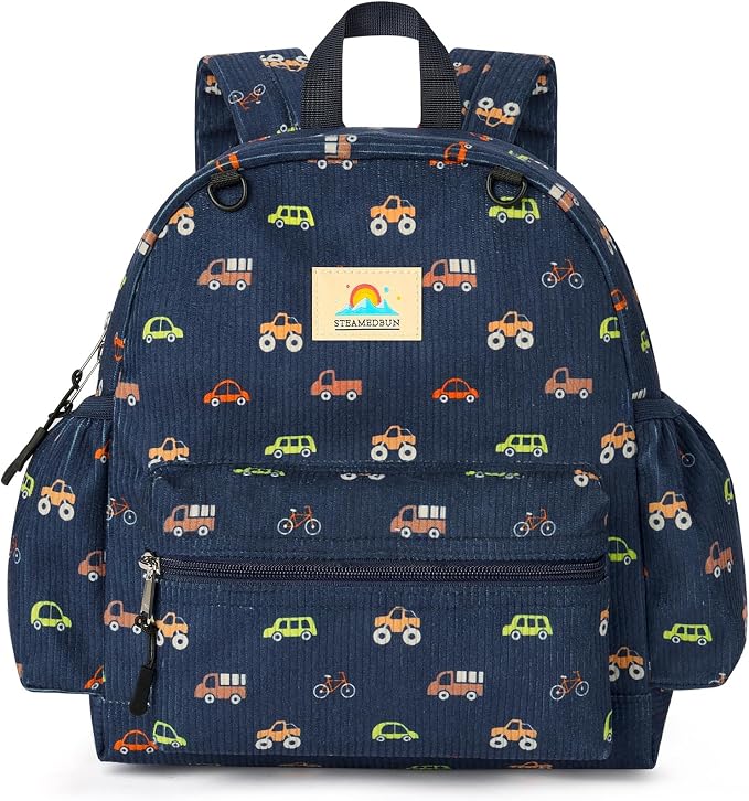 STEAMEDBUN Corduroy Toddler Backpack for Boys 2-4: Kids backpack for Boys Girls - 12 inch Preschool Kindergarten Backpacks - Car