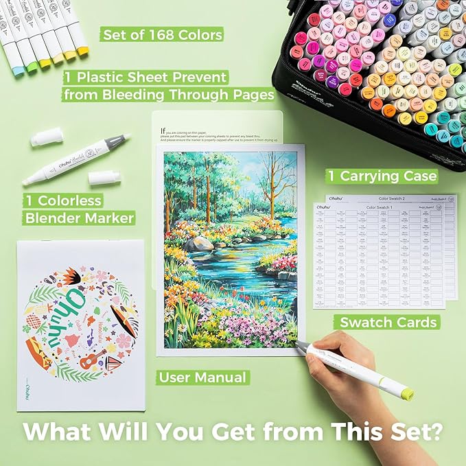 Ohuhu Alcohol Markers Brush Tip - 168-color Art Marker Set Double Tipped Alcohol-based Markers for Artist Adults Coloring Illustration- Brush & Chisel - Honolulu - Refillable Ink