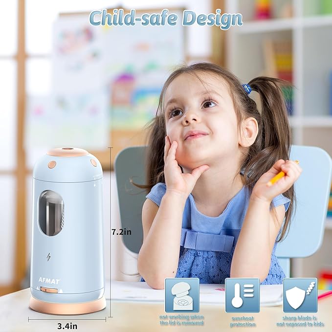 AFMAT Electric Pencil Sharpener, Auto in & Out, Fully Automatic Pencil Sharpener, Rechargeable Hands-Free Sharpeners for Jumbo & Colored Pencils (7-11.5mm), Good for Classroom/Home PSC8(Light Blue)