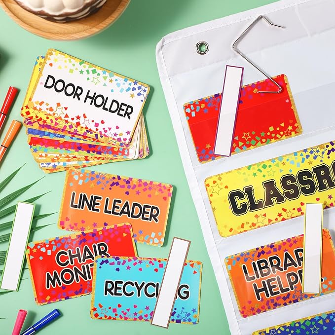 Qeeenar Classroom Jobs Pocket Chart with 96 Cards and 3 Hooks Class Management Educational Schedule for Teacher Back to School Supplies(Confetti)