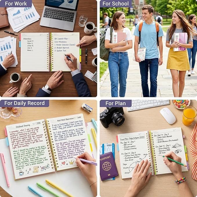 Hardcover Spiral Journal Notebook, 300 Pages 5 Subject Notebook College Ruled with Removable Dividers Tabs, 8" x 10" Notebooks for Work, Spiral Ruled Lined Writing Journal Hardcover Leather Notebook for School (Purple, 8''x 10'')