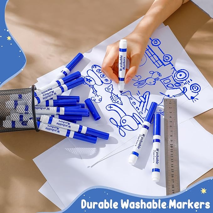 60 Pcs Blue Washable Markers Bulk Coloring Broad Line Markers for Kids Conical Tip Blue drawing pens for Classroom Back to School travel Art baby shower gender reveal Supplies, Ages 6+
