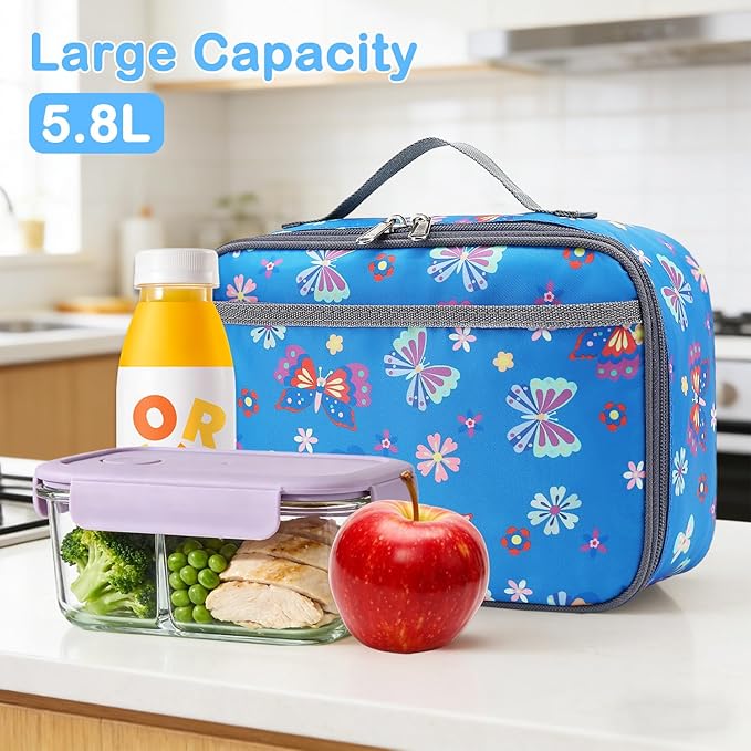FlowFly Kids Lunch box Insulated Soft Bag Mini Cooler Back to School Thermal Meal Tote Kit for Girls, Boys, Butterfly