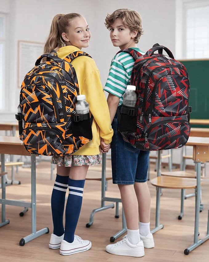 BLUEFAIRY Kids School Backpack for Boys Girls Ages 6-8 8-10 10-12 Elementary Middle School Book Bags with Laptop Compartment Mochilas Escolares para Niños Niñas de 8 10 12 Años (Red, Geometric)