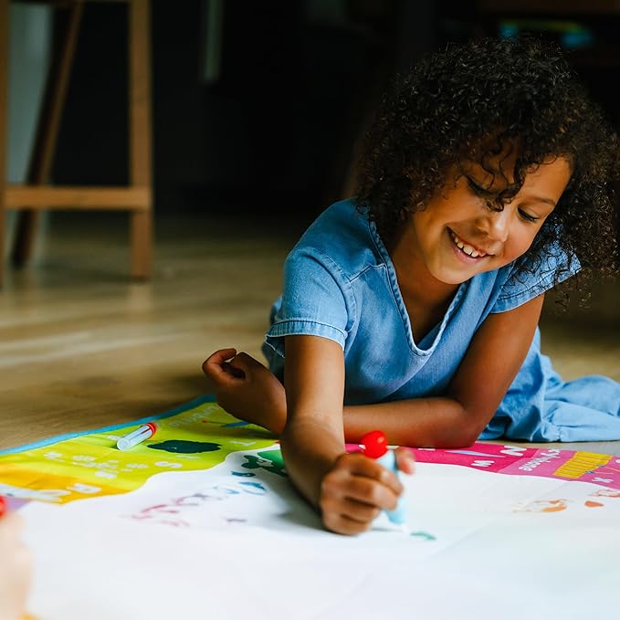 Chuckle & Roar Jumbo Water Doodle Mat – 4ft x 3ft Mess-Free Water Coloring Play Mat for Kids Ages 3+, Reusable Arts & Crafts Set with Brush Pens, Markers & Art Sponges