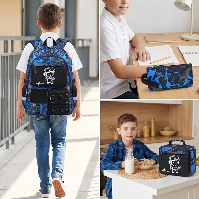 School Backpack for Boys - 3pcs Gamer Boys Backpack with Lunch Box Set for Kids Teens Elementary Middle High School,18″ Large Capacity Students Bookbag with Usb Charging Port