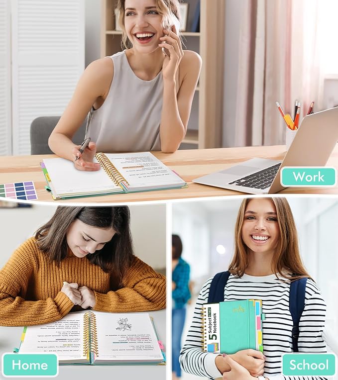 5 Subject Spiral Notebook Journal with Removable Dividers Tabs, 300 Pages Organizer Notebooks for Work School, A5 Hardcover Leather Notebook College Ruled, Lined Journal for Women Men,Aqure