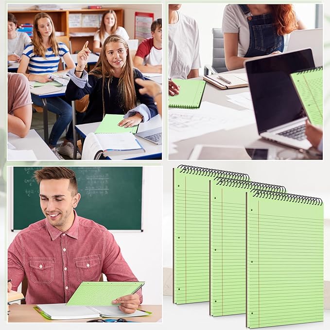 MotiMind 3 Pack 8.5" x 11" Top Spiral Notebook with 3 Hole Punched Green Legal Pads College Ruled Notepad 50 Sheets Hard Cardboard Paper Wirebound Notepad for Office School Business