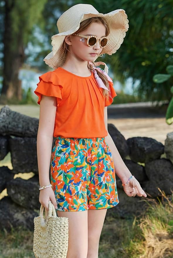 Arshiner Girls 2 Piece Outfits Summer Ruffle Sleeve Top and Paperbag Waist Shorts Set with Pockets Size 5-13 Years