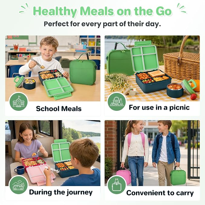 Bento Lunch Box with 8oz Soup Thermo,Kids Leakproof 4 Compartment Lunch Food Containers with Sauce Cup and Ice Pack,Kids Thermo Insulated Hot Food Jar and Lunch Bag for School,Trvael-Green