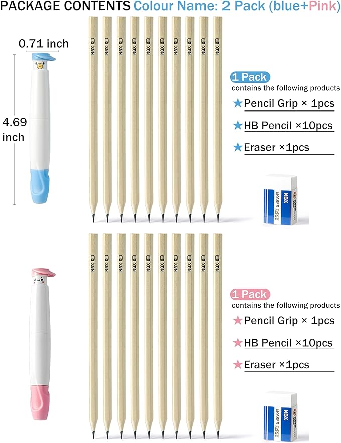 Pencil Grips for Kids Handwriting, Pencil Grippers/Holder, Writing Posture Correction for Toddler/Preschool, Homeschool Education, can Serve as Mechanical Pencil & Pencil Extender (2 Pack,Blue,Pink)