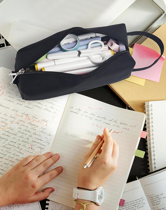 Fmeida Pencil Case Pouch Black - Initial A Zipper Pencil Pouch Portable Pencil Bag Simple Office Stationery Pouch with Handle - Personalized Gift
