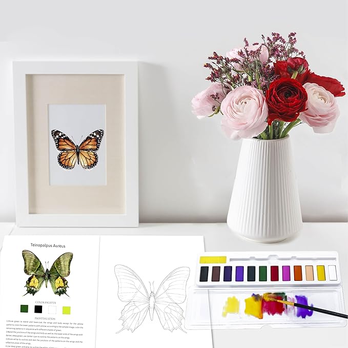 CraftyManor Watercolor Workbook Creative Insect Water color Paint Book Set with Paints & Brush, 12 Patterns of Original DIY Designs, Beginner-Friendly Adult Coloring Books (Butterfly)