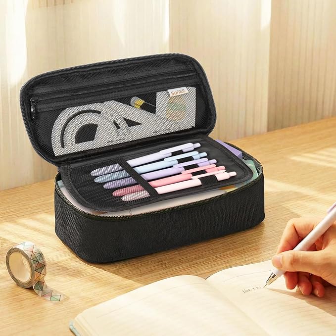 SUNEE Cute Pencil Case, Large Capacity Pencil Pouch, Big Storage Organizer for Stationery, Zipper Pen Bag, Back to School Supplies, Office Organizer Makeup Bag, for Teen Girl Boy Men Women, Black