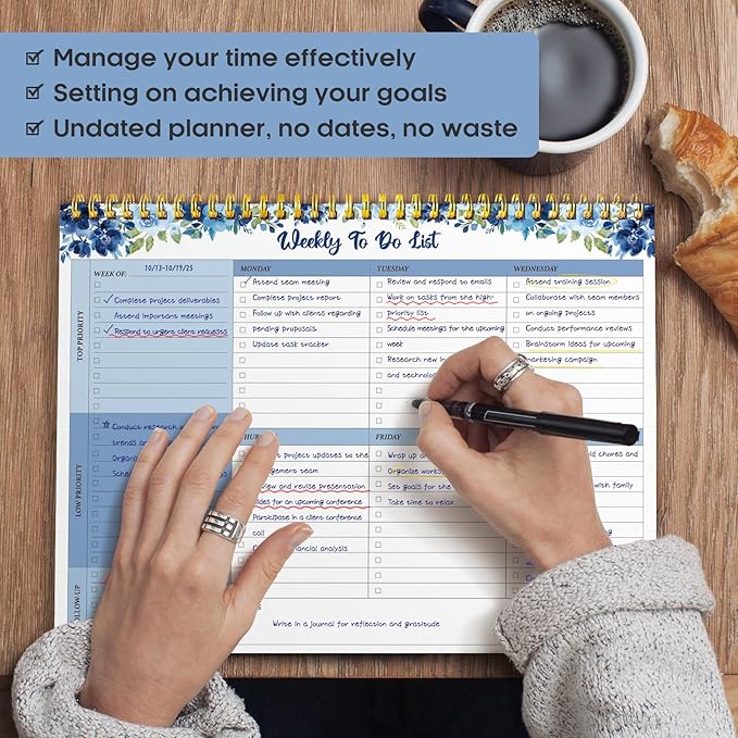 Taja Weekly To Do List Notepad with 52 Undated Sheets(8.5"×11")- Weekly Desk Planner for Women & Man, Work and Home - 1 Pack Azure Bloom