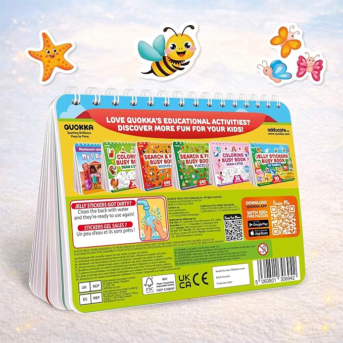 QUOKKA Jelly Sticker Books for Toddlers 1-3, 10 Animal Topics, 40+ Large Thick Reusable Stickers, Waterproof Washable Toddler Activity Busy Book, Learning Toys for Shapes Colors Matching Animals