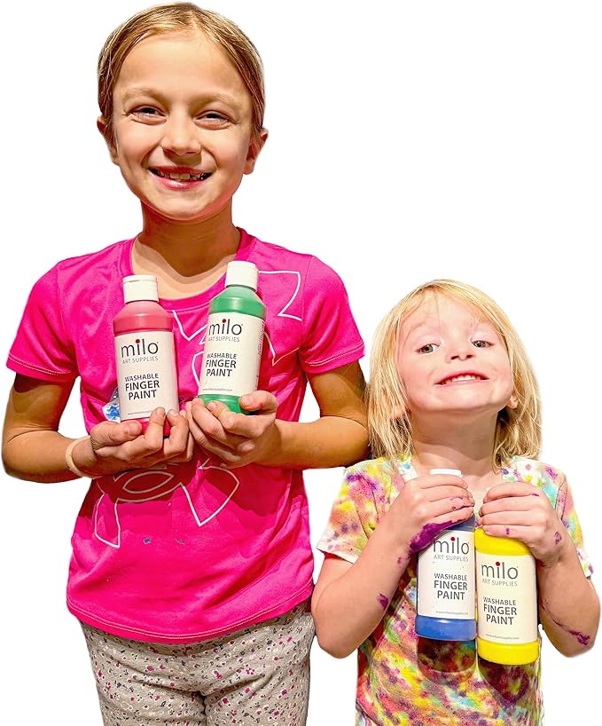 milo Kid's Washable Finger Paint Set of 8 Colors | 8 oz Bottles | Safe and Non-Toxic | Made in the USA | Arts & Crafts Paints for Kids, Toddlers, Pre School Supplies Painting Set for Children | Easy Pour and Squeeze Bottles