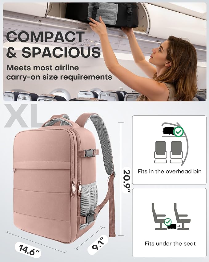 HOTOR Travel Backpack Flight Approved Bag Men Women, X-Large Pink | TSA Carry on Luggage, 15.9" Laptop, Casual Daypack Travel Essentials Nurse Bag for Work, Business, Weekender, College