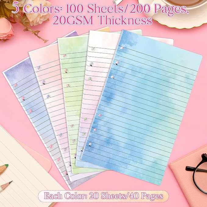 100 Sheets Gradient A5 Refill Papers for Planner Binder Insert, 120GSM Thick Loose Leaf Lined Paper, 6 Hole Notebook Filler for A5 6 Ring Travel Journal Diary Budget Binder, Watercolor