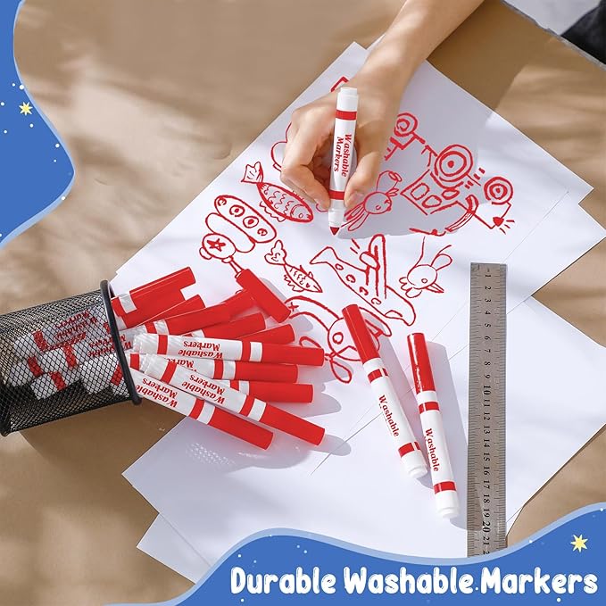 60 Pcs Red Washable Markers Bulk Coloring Broad Line Markers for Kids Conical Tip Red Drawing Pens for Classroom Back to School Travel Art Baby Shower Gender Reveal Supplies, Ages 6+