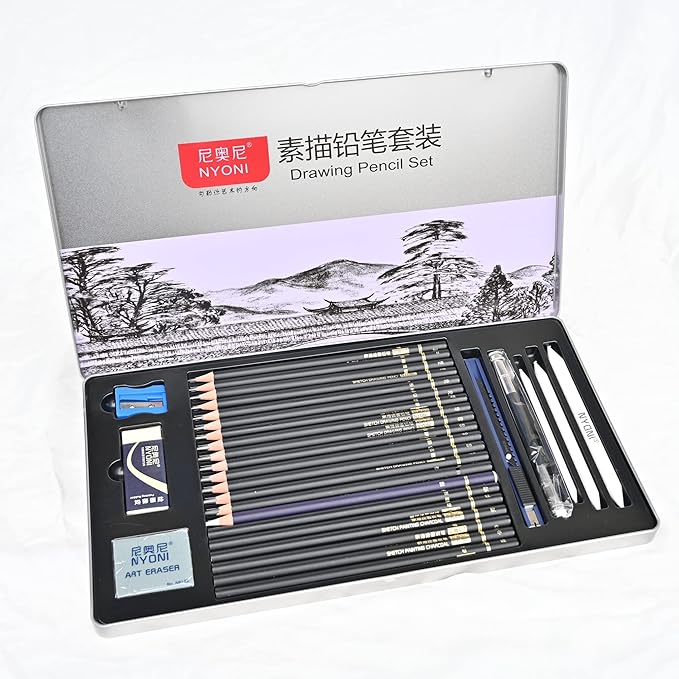 Sketching Pencils Set, Metal Box Packaging, Including Graphite Pencils、Charcoal Pencils、Blending Stumps and other tools for drawing (A set with 29pieces).