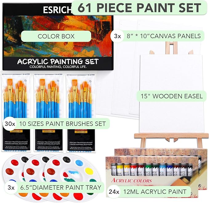 ESRICH Acrylic Paint Set,Painting Supplies with 2 PCS of 12 Colors Acrylic Paint,1 Easel 3 Canvas 30 Paintbrushes and 3 Palettes, Paint Kit for Kids, Students, Artists and Beginner