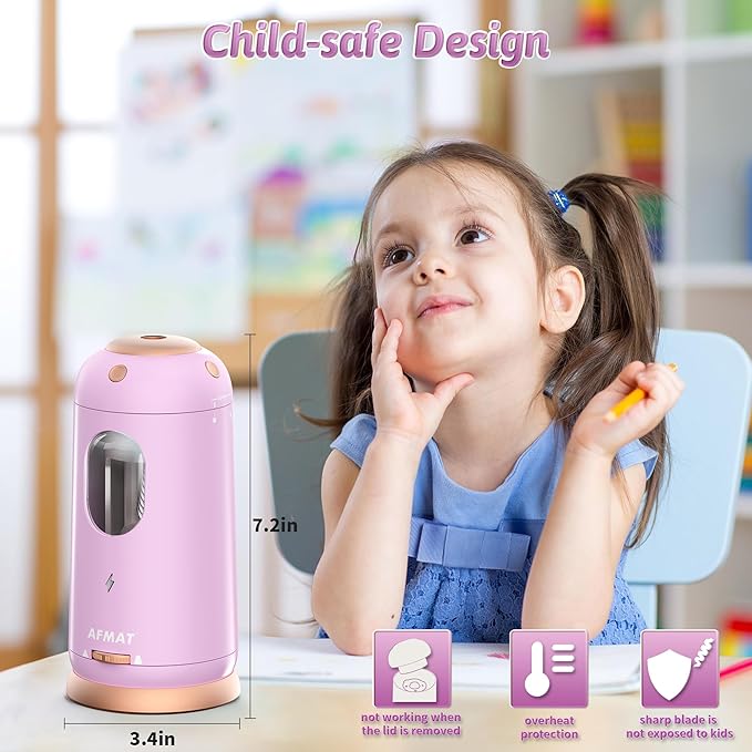 AFMAT Electric Pencil Sharpener, Auto in & Out, Fully Automatic Pencil Sharpener, Rechargeable Hands-Free Sharpeners for Jumbo & Colored Pencils (7-11.5mm), Good for Classroom/Home PSC8(Light Purple)