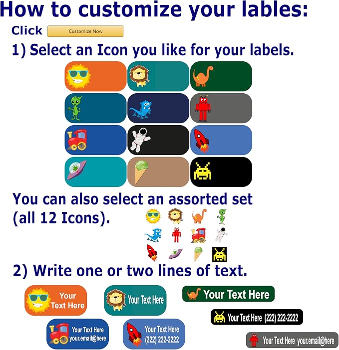 126 Custom Name Labels – Boys, Girls and Kids Icon Designs. Waterproof Labels for School, Daycare and Camp. Personalized Stickers, Dishwasher and Microwave Safe, Machine Washable.