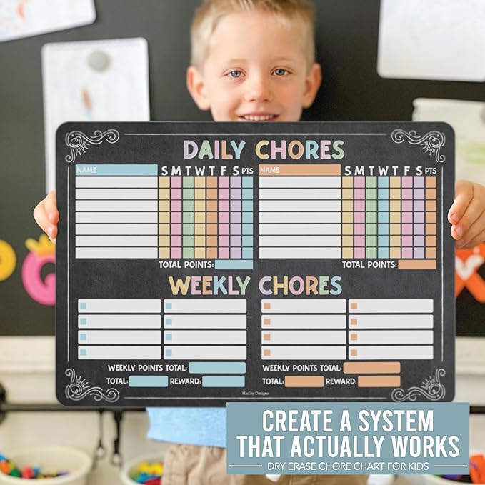 Hadley Designs Magnetic Chore Chart for Kids Multiple - Chores Board for Refrigerator, Dry Erase Task Chart for 2 Kids Daily Behavior, Family Weekly Planner for Teen and Adults, Chalkboard Chore Board