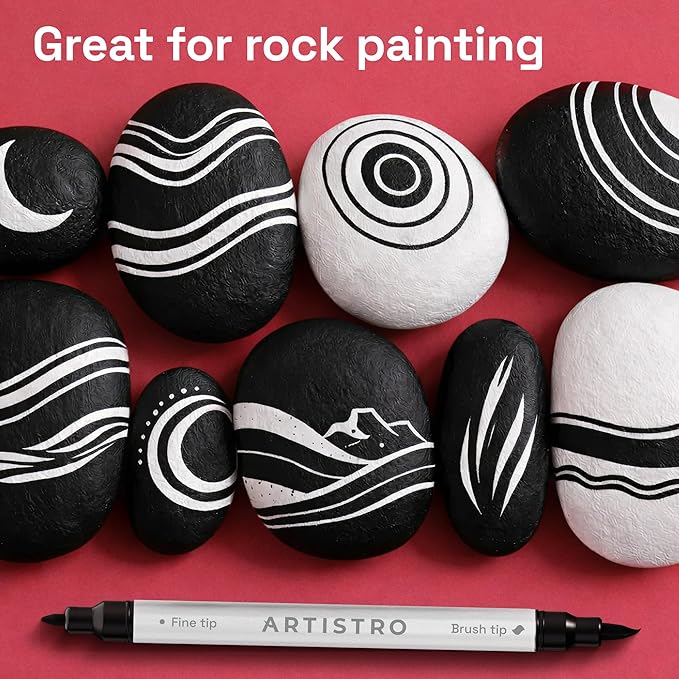 ARTISTRO 5 Black Acrylic Paint Markers - Paint Pens for Drawing, Brush + Fine Tips - For Fabric, Rock, Glass, Wood, DIY - Art & Craft Supplies for Adults, Teens, Kids - Teacher Appreciation Gift