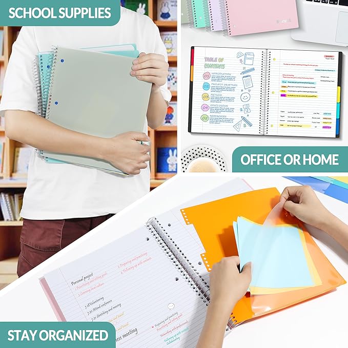 SUNEE 5 Subject Notebook College Ruled - 400 Pages, 9"x11", 5 Pocket Colored Dividers, 3-Hole Punched Paper, Teal