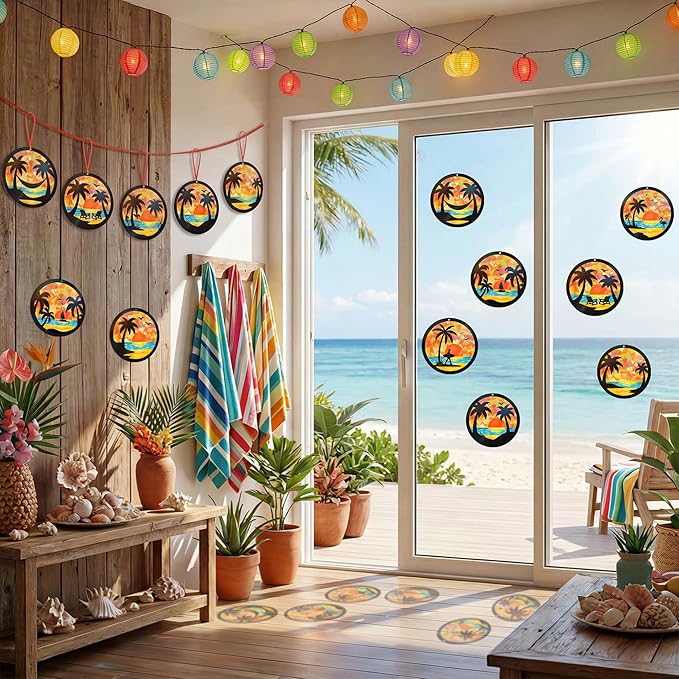 Renbuzhu 48PCS Summer Crafts: Paper Tropical Palm Tree Suncatchers DIY Kits, Window Stained Glass Effect Art Supplies for Hawaiian Luau Tiki Beach Party Favors