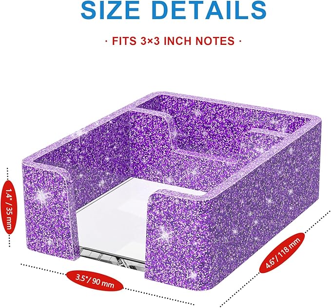 WINFFOR Acrylic Notepad Holder Dispenser - 3x3 in 2IN1 Sticky Note Memo Holder for Desk Organizer (W/O Pads) Office Desk Accessories School Supplies, Glitter Purple
