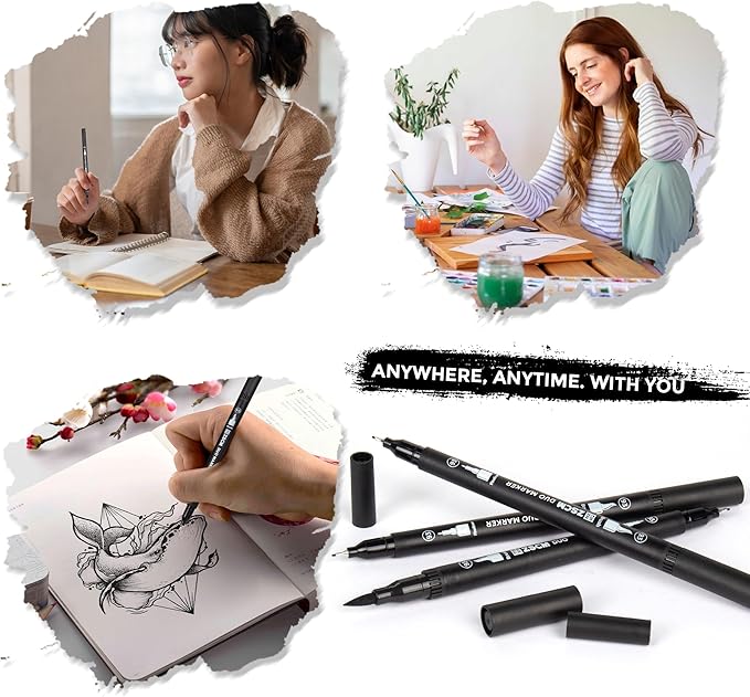 ZSCM Black Duo Tip Marker Pens, 12 Pack Fine & Brush Markers for Adult Coloring Books No Bleeding, Jet Black Markers for Outlining, Sketching, Japanese Manga, Calligraphy and Graphic Novels