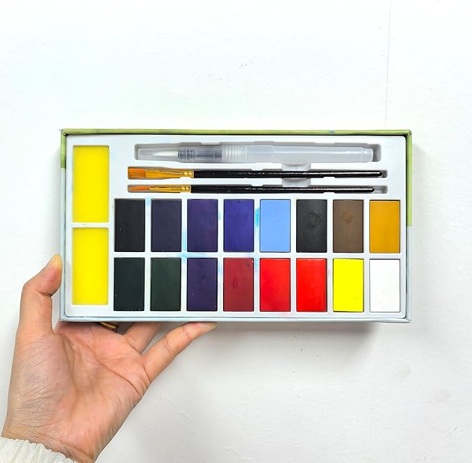 16 Colors Large Block Watercolor Paint Set for Watercolors Workbook, Portable Water Colors Paint Kit with 2 Paintbrushes 1 Waterbrush, for Adult Painting Beginners & Professional Amateur Hobbyists