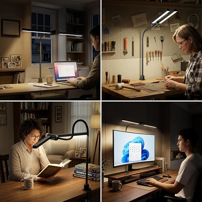 Honeywell Led Desk Lamp with Clamp - HJ4 Sunturalux™, Flexible Dual‑Head Clip‑On Gooseneck Desk Lamps for Home Office, 4 Color Temperature Modes, Stepless Dimming Eye Caring Computer Light, Black