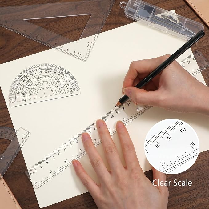 7 Pcs Geometry Ruler Protractor and Compass Set, Math Ruler Kit with 1 Metal Compass, Precision Drawing Tools for Drafting Architect Engineering