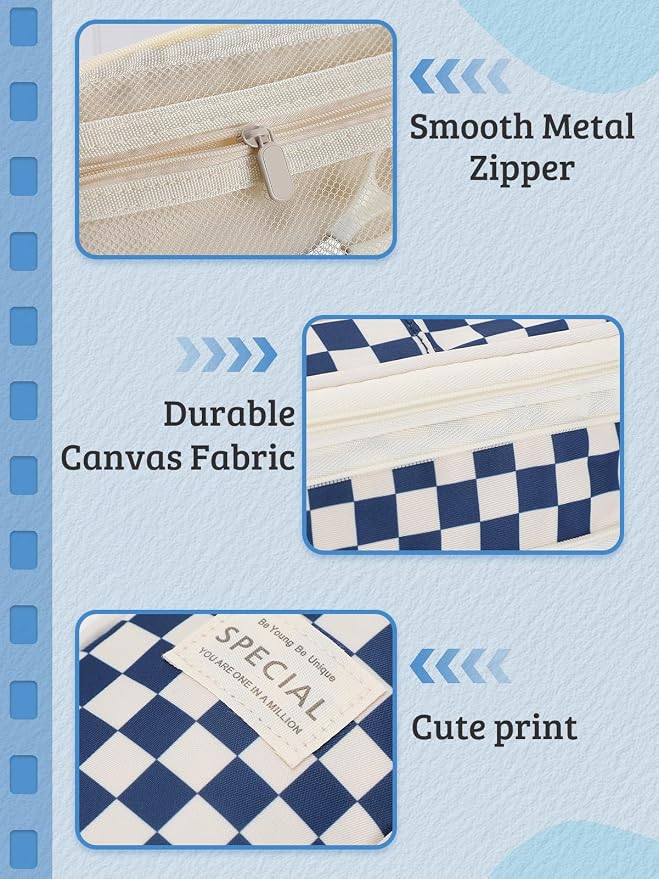 Bigmeta Gingham Expandable Pencil Case for Teens Girls - Navy | Zipper Gusset for Adjustable Capacity, Checkered Cute Pencil Pouch, Stationery Bag Box for Student Back to School Gifts