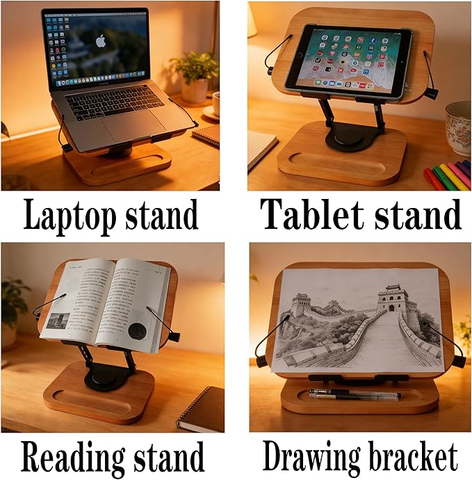 360° Rotating Solid Wood Book Stand - Adjustable Height & Angle, Built-in Storage Tray, Foldable Hands-Free Cookbook/Tablet/Laptop Holder for Kitchen/Office/Bedroom (No Assembly)