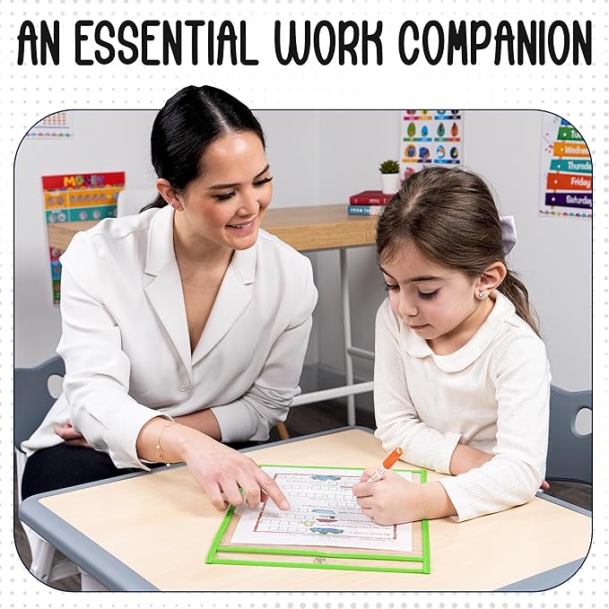 Essex Wares - 6 Pack, Green, Dry Erase Pocket Document Protectors, 10" Wide x 13.5" Tall - Dry Erase Clear Plastic Sleeves - Reusable & Easy Erase Plastic Invoice Holders, Water-Resistant & Durable