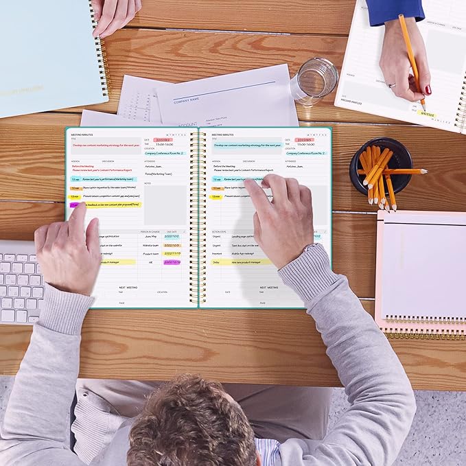SUNEE Meeting Notebook for Work with Action Items - 160 Pages, A4 Size Project Planner, Spiral Meeting Agenda/Minutes Notebook Organizer for Women Men, Note Taking, Office & Business, 8.5"x11", Teal